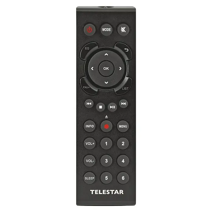 Telestar Internetradio TOP 550 - L x B x H: 28 x 43 x 8 cm, Schwarz - Nahaufnahme einer schwarzen Telestar-Fernbedienung mit verschiedenen Tasten für die Steuerung von Geräten.