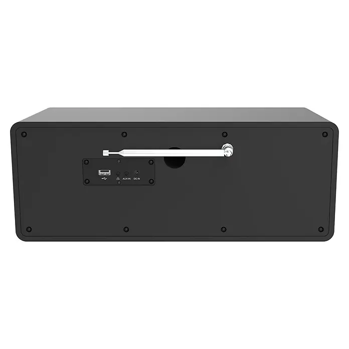 Telestar Internetradio Top 300 - L x B x H: 17,2 x 36 x 14,5 cm, Schwarz - Rückansicht eines schwarzen Radios mit Antenne, USB, AUX- und DC-Eingängen. Einfaches Design für moderne Musikwiedergabe.