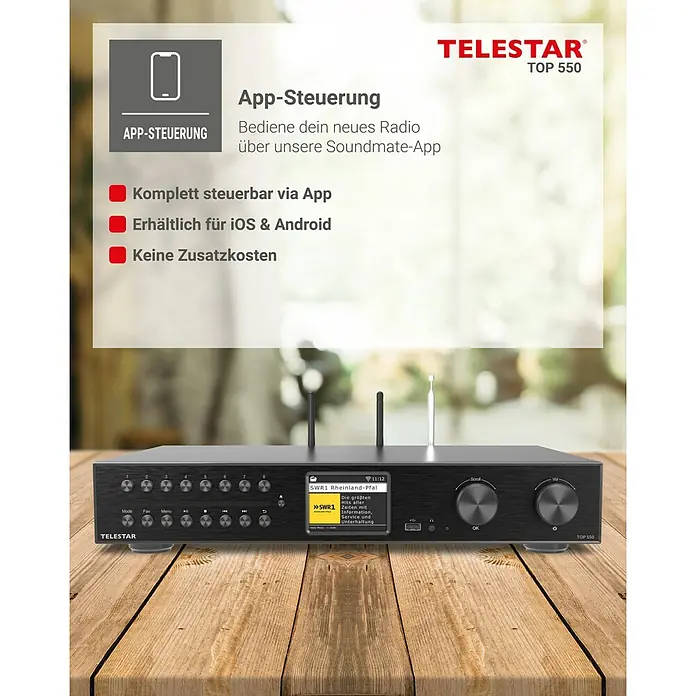 Telestar Internetradio TOP 550 - L x B x H: 28 x 43 x 8 cm, Schwarz - Das Telestar TOP 550 ist ein modernes Radio mit App-Steuerung und vielen Funktionen. Es ist komplett steuerbar per App, erhältlich für iOS & Android.
