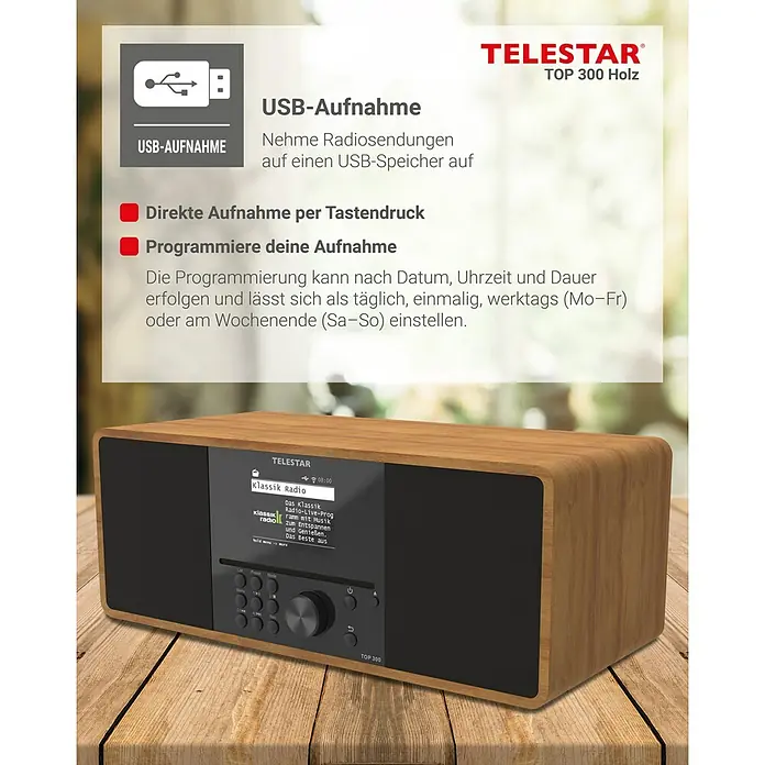 Telestar Internetradio Top 300 - L x B x H: 17,2 x 36 x 14,5 cm, Braun - Abbildung des TeleStar TOP 300 Holzradios mit USB-Aufnahme und verschiedenen Programmierfunktionen für die Aufnahme.