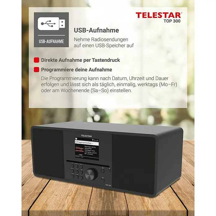 Telestar Internetradio Top 300 - L x B x H: 17,2 x 36 x 14,5 cm, Schwarz - Das Telestar TOP 300 Digitalradio ermöglicht USB-Aufnahmen, Direktaufnahmen per Tastendruck und programmierbare Aufnahmen.