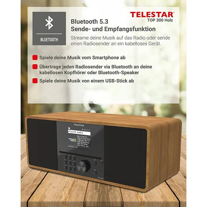 Telestar Internetradio Top 300 - L x B x H: 17,2 x 36 x 14,5 cm, Braun - Das Telestar TOP 300 Holz Radio mit Bluetooth 5.3. Streamen Sie Musik vom Smartphone oder USB-Stick auf dieses elegante Holzradio.