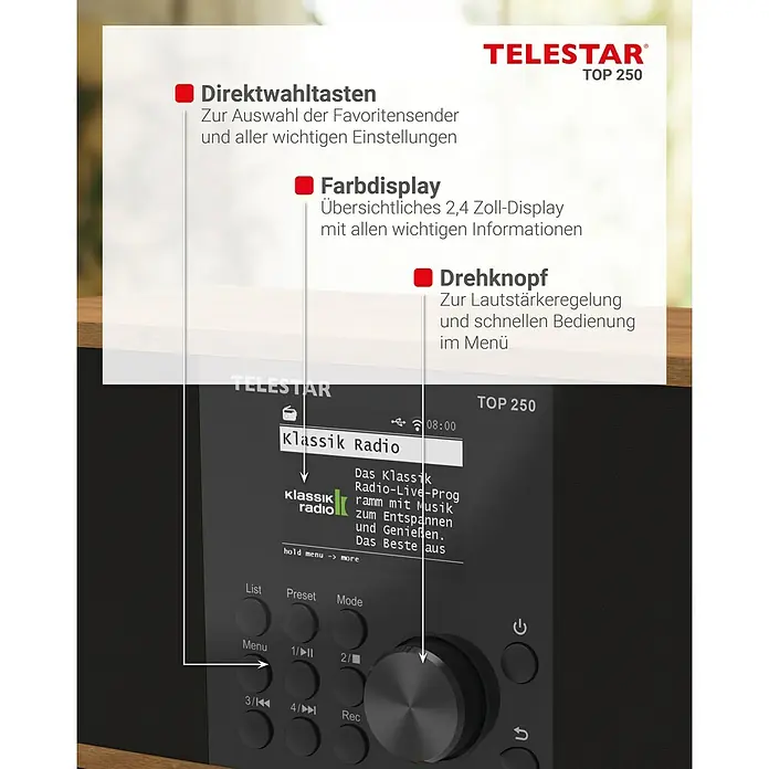 Telestar Internetradio Top 250 - L x B x H: 13 x 27,6 x 11,8 cm, Braun - Das Telestar TOP 250 Digitalradio bietet Direktwahltasten, Farbdisplay, Drehknopf für einfache Bedienung und umfassende Information.