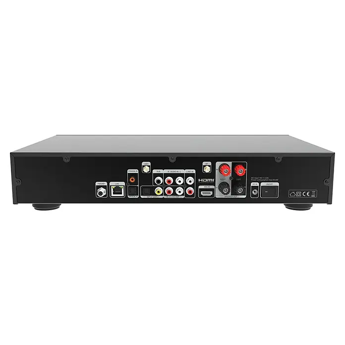 Telestar Internetradio TOP 550 - L x B x H: 28 x 43 x 8 cm, Schwarz - Rückansicht eines Audio-Geräts mit verschiedenen Anschlüssen, einschließlich HDMI, Audioeingängen und Lautsprecherausgängen.