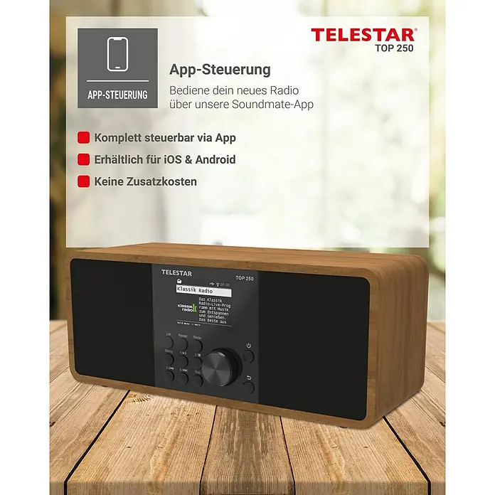 Telestar Internetradio Top 250 - L x B x H: 13 x 27,6 x 11,8 cm, Braun - Das Telestar Top 250 Radio im Holzdesign ist mit App-Steuerung, iOS- und Android-Kompatibilität und ohne Zusatzkosten ausgestattet.