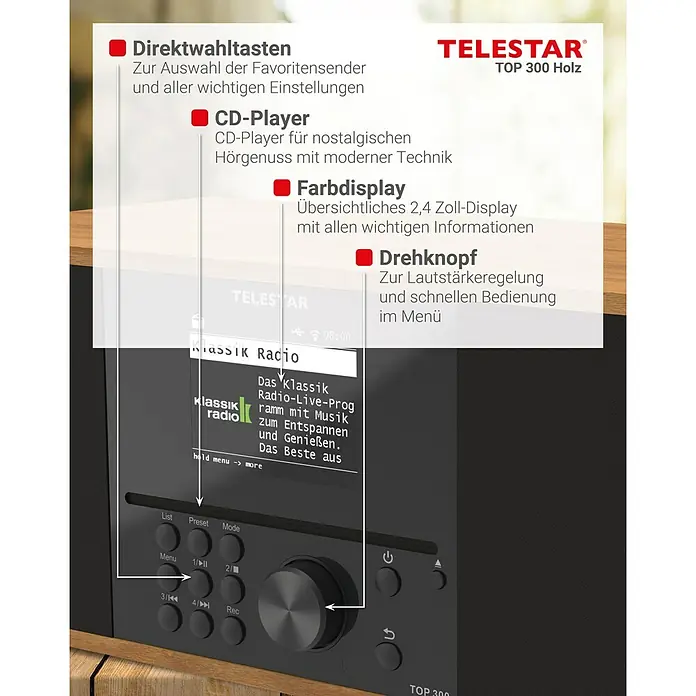Telestar Internetradio Top 300 - L x B x H: 17,2 x 36 x 14,5 cm, Braun - Das TeleStar Top 300 Holz Radio bietet Direktwahltasten, CD-Player, Farbdisplay und Drehknopf für einfache Bedienung.
