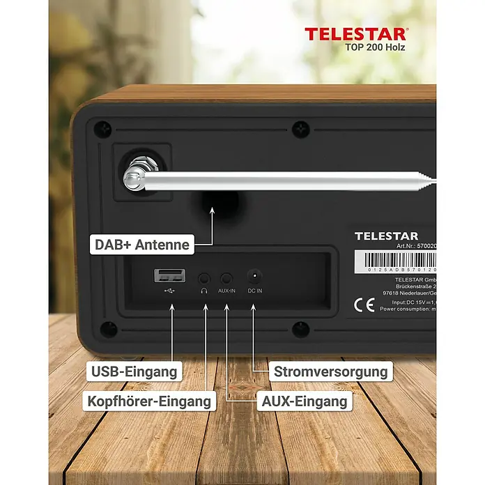 Telestar Internetradio Top 200 - L x B x H: 13 x 19,1 x 11,8 cm, Braun - Rückansicht des TELSTAR TOP 200 Holzradios mit Beschriftung der Anschlüsse wie DAB+ Antenne, USB-Eingang, Kopfhörer- und AUX-Eingang.