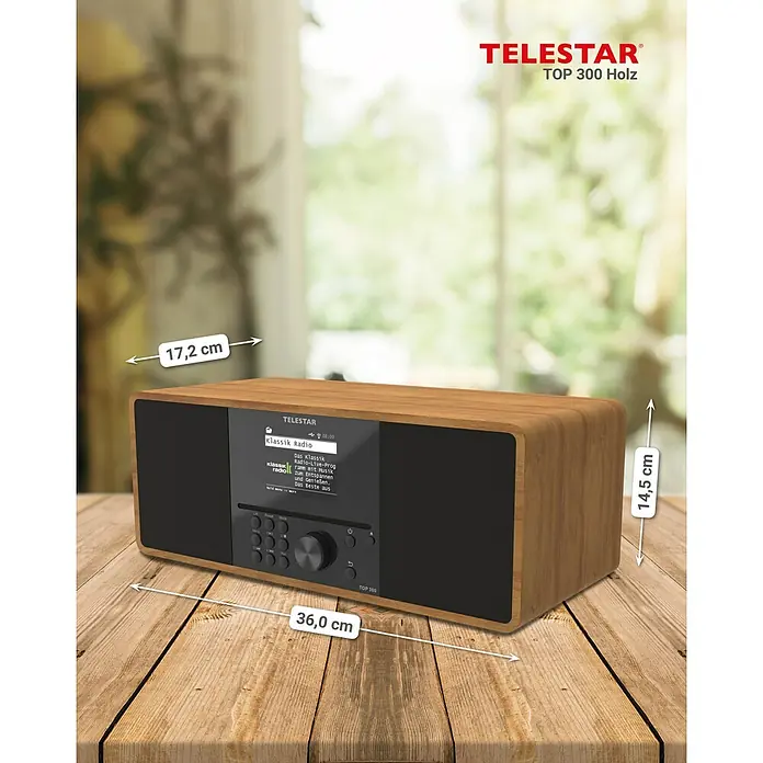 Telestar Internetradio Top 300 - L x B x H: 17,2 x 36 x 14,5 cm, Braun - Nahaufnahme des TELESTAR TOP 300 Holz Radios mit seinen Abmessungen auf einem Holztisch.