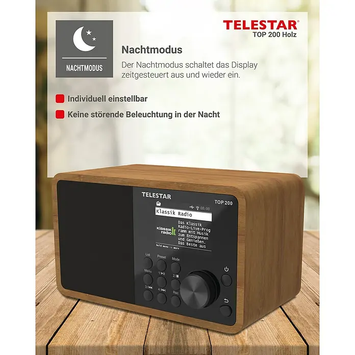 Telestar Internetradio Top 200 - L x B x H: 13 x 19,1 x 11,8 cm, Braun - Das TeleStar Top 200 Holz Radio im Holzgehäuse bietet Nachtmodus, individuelle Einstellung und keine störende Beleuchtung.