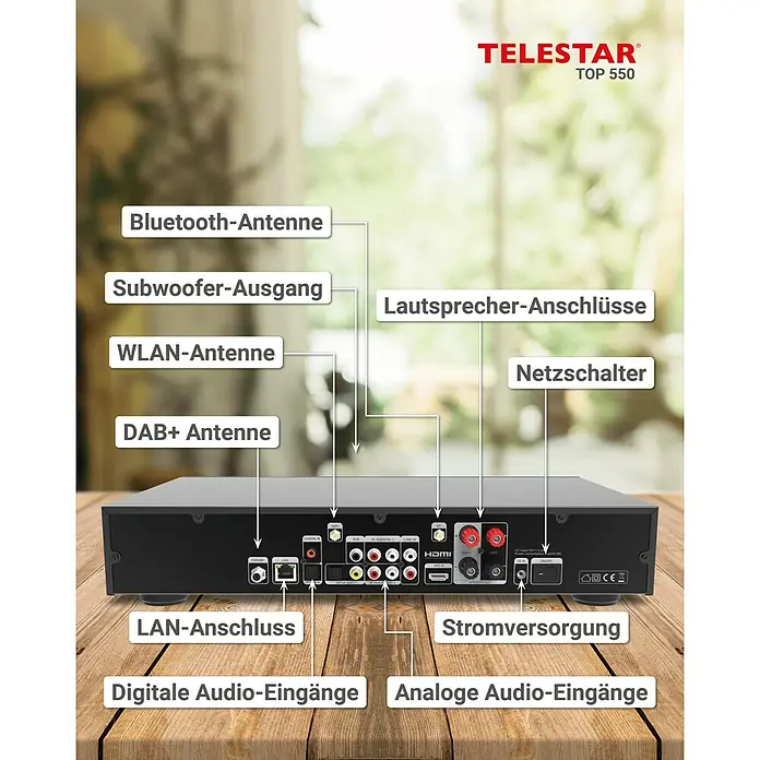 Telestar Internetradio TOP 550 - L x B x H: 28 x 43 x 8 cm, Schwarz - Die Rückseite des Telestar TOP 550 Receivers mit Beschriftung der verschiedenen Anschlüsse.