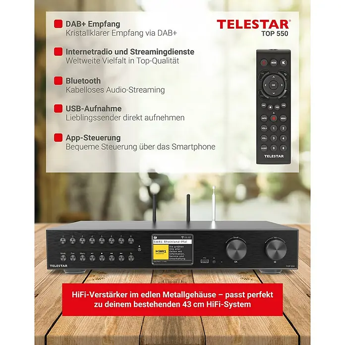 Telestar Internetradio TOP 550 - L x B x H: 28 x 43 x 8 cm, Schwarz - Das Bild zeigt den TELESTAR TOP 550 HiFi-Verstärker mit Fernbedienung, der DAB+, Internetradio, Bluetooth und USB-Aufnahme unterstützt.
