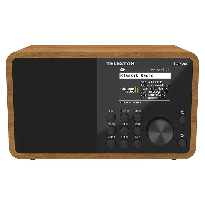 Telestar Internetradio Top 200 - L x B x H: 13 x 19,1 x 11,8 cm, Braun - Das TeleStar Top 200 Radio mit Holzgehäuse bietet DAB+, UKW und Internetradio für Musikgenuss. Das Gerät ist kompakt und benutzerfreundlich.