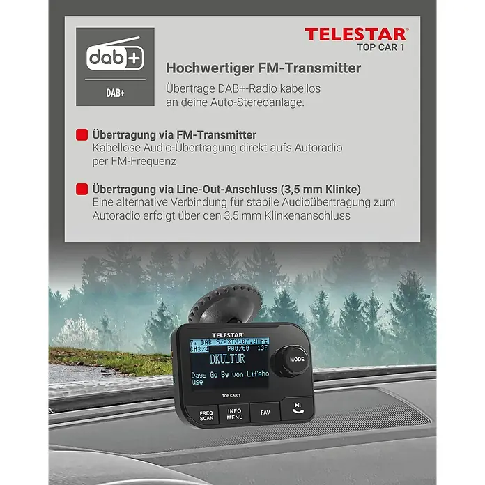 Telestar Adapter TOP CAR 1 zur Nachrüstung mit Bluetooth-Streaming und Freisprechfunktion - L x B x H: 2,9 x 8,6 x 6,2 cm - Das Bild zeigt den TeleStar TOP CAR 1 FM-Transmitter, der DAB+ unterstützt und eine hochwertige Audioübertragung ins Autoradio ermöglicht.