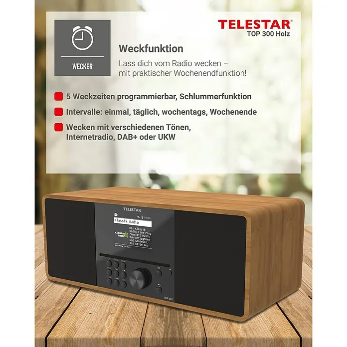 Telestar Internetradio Top 300 - L x B x H: 17,2 x 36 x 14,5 cm, Braun - Produktansicht des Telestar TOP 300 Holz Radios mit Weckfunktion, programmierbaren Weckzeiten und verschiedenen Intervallen.