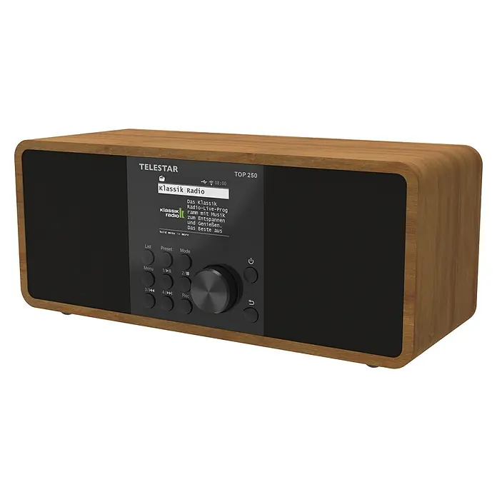 Telestar Internetradio Top 250 - L x B x H: 13 x 27,6 x 11,8 cm, Braun - Nahaufnahme eines TeleStar Top 250 Radios mit Holzgehäuse und schwarzer Frontplatte, das ein Klassik Radio Programm anzeigt.