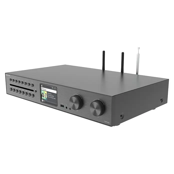 Telestar Internetradio TOP 550 - L x B x H: 28 x 43 x 8 cm, Schwarz - Produktansicht des Telestar TOP 550, einem vielseitigen Empfangsgerät für Radio und mehr, in elegantem Grau.