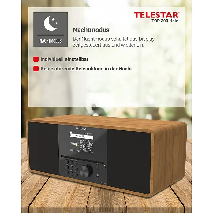 Telestar Internetradio Top 300 - L x B x H: 17,2 x 36 x 14,5 cm, Braun - Produktabbildung des TELESTAR TOP 300 Holz Radios mit Nachtmodus, individuell einstellbar und ohne störende Beleuchtung.
