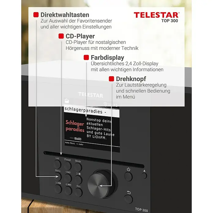 Telestar Internetradio Top 300 - L x B x H: 17,2 x 36 x 14,5 cm, Schwarz - Das TeleStar Top 300 ist ein vielseitiges Audiogerät mit Direktwahltasten, CD-Player, Farbdisplay und Drehknopf für einfache Bedienung.