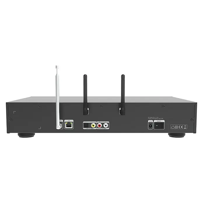 Telestar Internetradio TOP 500 - L x B x H: 25,8 x 43 x 8 cm, Schwarz - Rückansicht eines Audiogeräts mit Anschlüssen für Antenne, LAN, S/PDIF, Audio, Stromversorgung und Ein/Aus-Schalter.