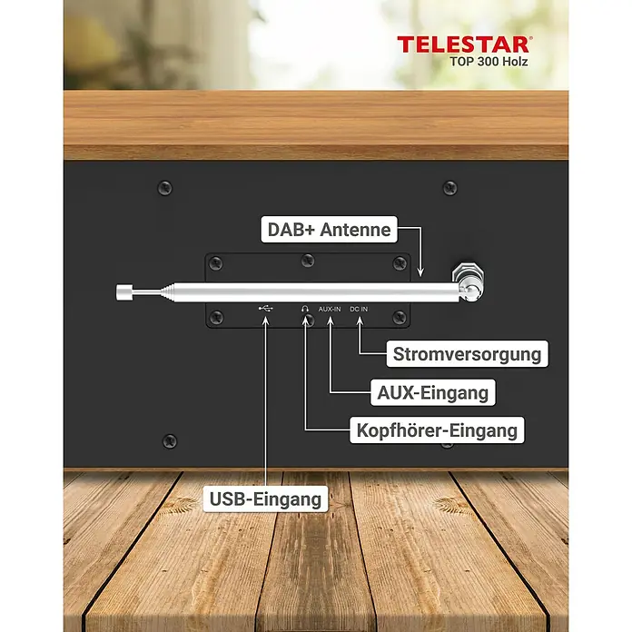 Telestar Internetradio Top 300 - L x B x H: 17,2 x 36 x 14,5 cm, Braun - Rückansicht des Telestar TOP 300 Holz Radios mit Beschriftungen für DAB+ Antenne, USB-, AUX- und Kopfhörer-Eingang sowie Stromversorgung.