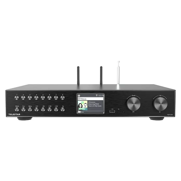 Telestar Internetradio TOP 500 - L x B x H: 25,8 x 43 x 8 cm, Schwarz - Ein detailreiches Bild des Telestar TOP 500, ein vielseitiges Audiogerät mit zahlreichen Funktionen und einem eleganten Design.