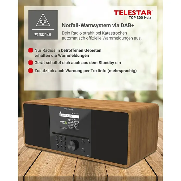 Telestar Internetradio Top 300 - L x B x H: 17,2 x 36 x 14,5 cm, Braun - Das Telestar Top 300 Holz ist ein Notfall-Warnsystem Radio mit DAB+ für den Empfang offizieller Warnmeldungen im Katastrophenfall.