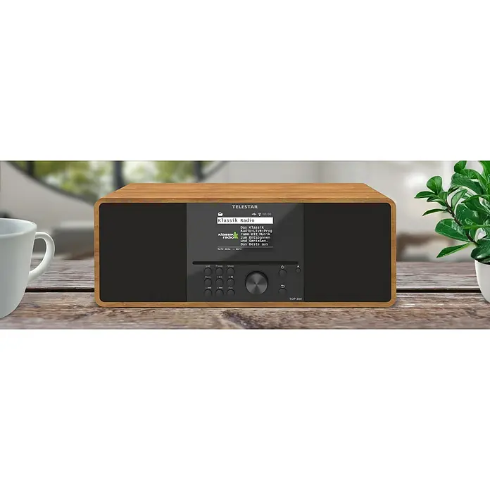 Telestar Internetradio Top 300 - L x B x H: 17,2 x 36 x 14,5 cm, Braun - Nahaufnahme eines TeleStar-Radios, das elegantes Design mit moderner Technologie verbindet.