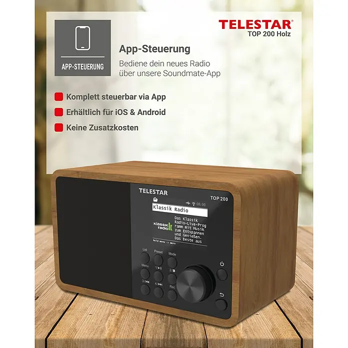 Telestar Internetradio Top 200 - L x B x H: 13 x 19,1 x 11,8 cm, Braun - Abbildung eines Holz-Retro-Radios „Telestar Top 200 Holz“ mit App-Steuerung und vielen Funktionen für ein modernes Musikerlebnis.