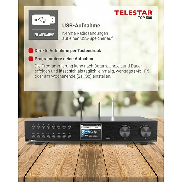 Telestar Internetradio TOP 500 - L x B x H: 25,8 x 43 x 8 cm, Schwarz - Produktabbildung des TELESTAR TOP 500, einem modernen und vielseitigen Audiogerät für Radioempfang und USB-Aufnahmen mit vielfältigen Funktionen.