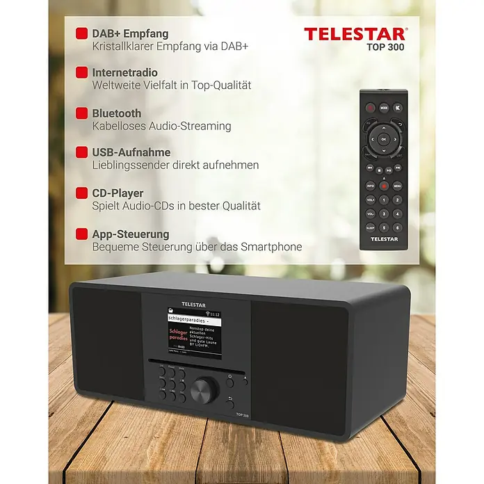 Telestar Internetradio Top 300 - L x B x H: 17,2 x 36 x 14,5 cm, Schwarz - Produktbild des Telestar TOP 300, ein DAB+ Radio mit vielen Funktionen und einer Fernbedienung, ideal für Musikliebhaber.