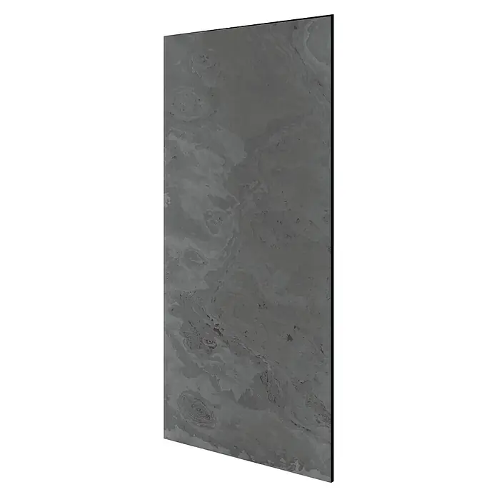 Jangal Wandpaneel Modular Wall Stone - Black Slate, 1.040 x 520 x 6 mm - Luftaufnahme einer grauen, flachen Landschaft mit gewundenen Strukturen und einigen dunkleren Flecken, die an Wüstengebiete erinnert.