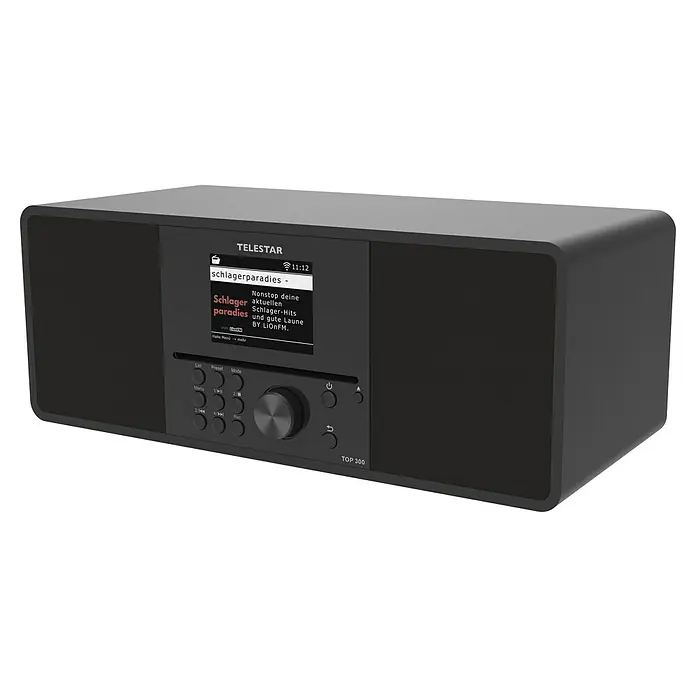 Telestar Internetradio Top 300 - L x B x H: 17,2 x 36 x 14,5 cm, Schwarz - Das ist ein schwarzes Telestar TOP 300 Radio mit einem Display, das den aktuellen Sender anzeigt.