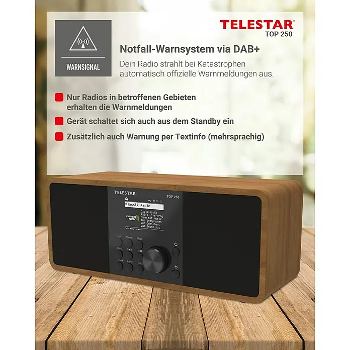 Telestar Internetradio Top 250 - L x B x H: 13 x 27,6 x 11,8 cm, Braun - Das Telestar TOP 250 DAB+ Radio mit Notfall-Warnsystem empfängt offizielle Warnmeldungen automatisch und bietet Textinfo in mehreren Sprachen.