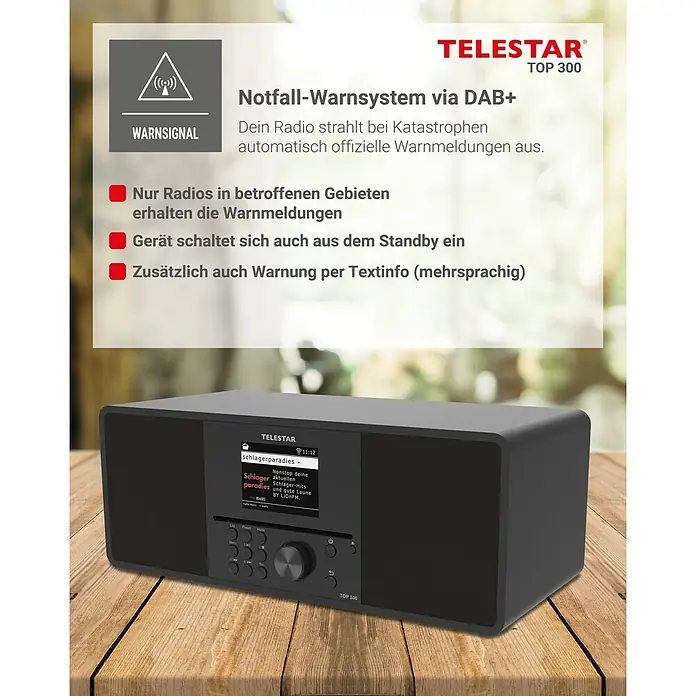 Telestar Internetradio Top 300 - L x B x H: 17,2 x 36 x 14,5 cm, Schwarz - Das Telestar TOP 300 DAB+ Radio, ein Notfall-Warnsystem, das bei Katastrophen automatisch offizielle Warnmeldungen ausstrahlt.