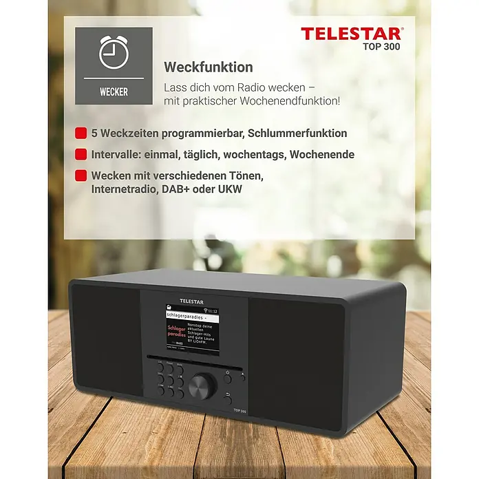 Telestar Internetradio Top 300 - L x B x H: 17,2 x 36 x 14,5 cm, Schwarz - Das Telestar TOP 300 ist ein vielseitiges Digitalradio mit Weckfunktion, zahlreichen Sendern und einfacher Bedienung für Musikgenuss.
