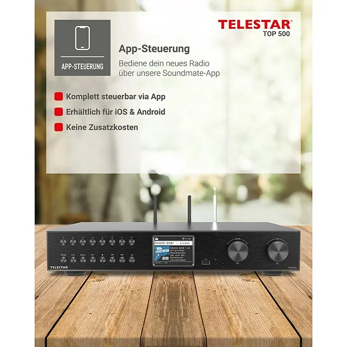 Telestar Internetradio TOP 500 - L x B x H: 25,8 x 43 x 8 cm, Schwarz - Das Telestar TOP 500 HiFi-Gerät mit App-Steuerung. Komplett steuerbar per App, erhältlich für iOS & Android, ohne Zusatzkosten.