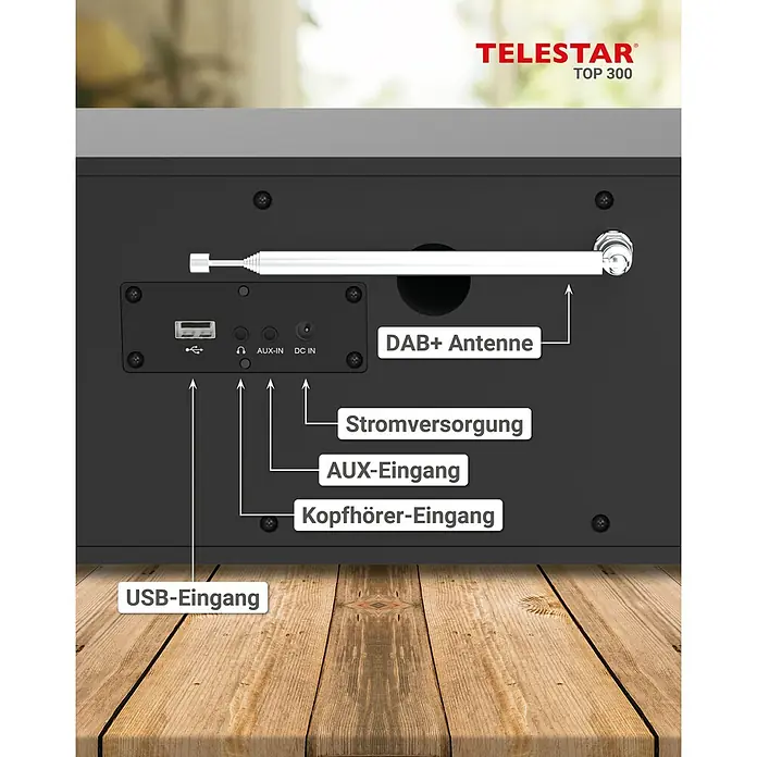 Telestar Internetradio Top 300 - L x B x H: 17,2 x 36 x 14,5 cm, Schwarz - Rückansicht des TeleStar TOP 300 Radios mit Beschriftungen für USB-Eingang, DAB+ Antenne und weitere Anschlüsse.