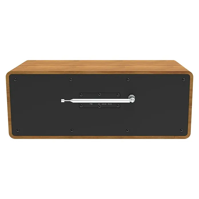 Telestar Internetradio Top 300 - L x B x H: 17,2 x 36 x 14,5 cm, Braun - Rückseite eines Retro-Radios aus Holz mit Antenne, AUX-IN und DC-IN-Anschlüssen. Die schwarze Rückseite ist mit Schrauben am Holzgehäuse befestigt.