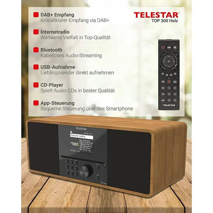 Telestar Internetradio Top 300 - L x B x H: 17,2 x 36 x 14,5 cm, Braun - Das TeleStar Top 300 Holz ist ein stilvolles DAB+ Radio mit Internetradio, Bluetooth, USB-Aufnahme, CD-Player und App-Steuerung.