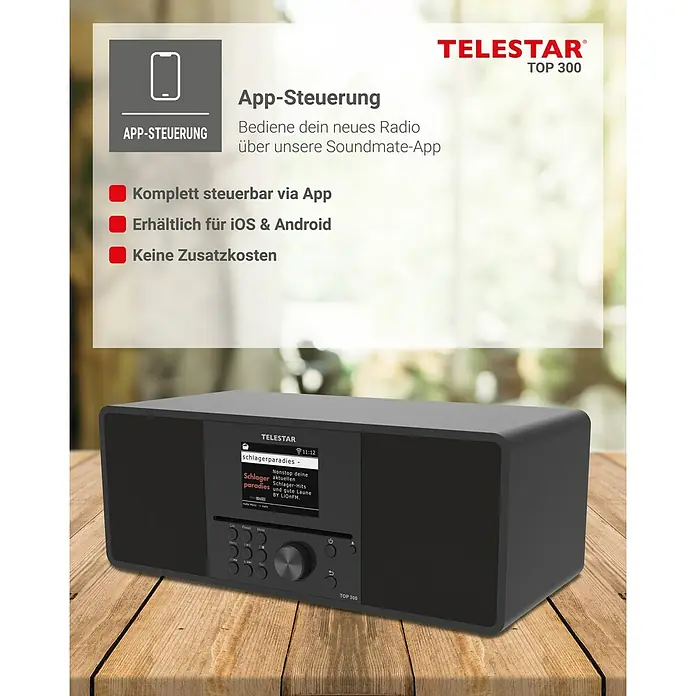 Telestar Internetradio Top 300 - L x B x H: 17,2 x 36 x 14,5 cm, Schwarz - Das Telestar TOP 300 ist ein elegantes Radio mit App-Steuerung, das modernen Komfort mit vielseitiger Funktionalität verbindet.