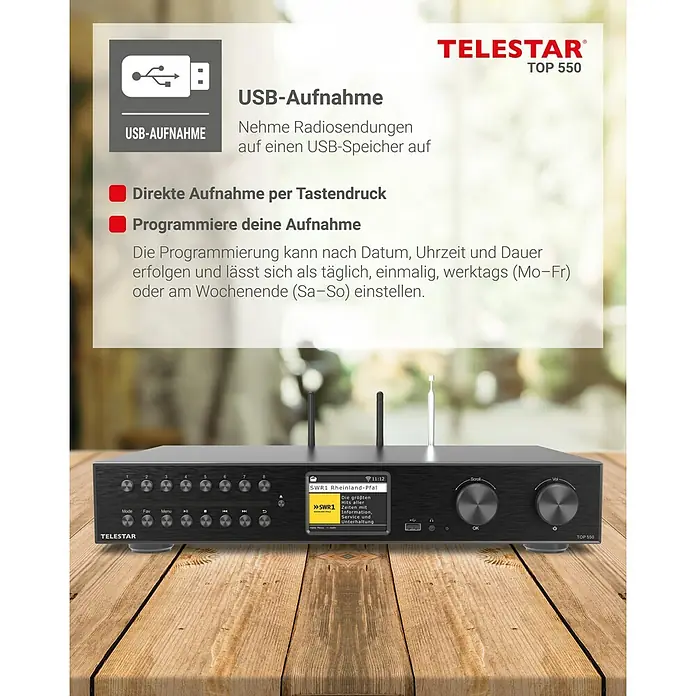 Telestar Internetradio TOP 550 - L x B x H: 28 x 43 x 8 cm, Schwarz - Das Bild zeigt den TELESTAR TOP 550, einen digitalen Hi-Fi-Tuner mit USB-Aufnahmefunktion und Programmierungsmöglichkeiten.