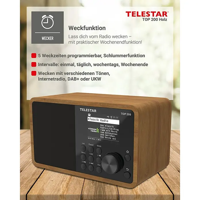 Telestar Internetradio Top 200 - L x B x H: 13 x 19,1 x 11,8 cm, Braun - Abbildung eines Holzradios Telestar Top 200 Holz mit Weckfunktion und verschiedenen Empfangsmöglichkeiten für ein angenehmes Musikerlebnis.
