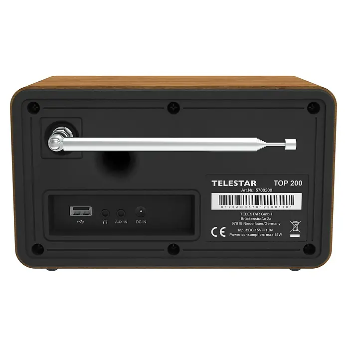 Telestar Internetradio Top 200 - L x B x H: 13 x 19,1 x 11,8 cm, Braun - Rückansicht des Radios Telestar TOP 200 mit ausziehbarer Antenne und Anschlüssen, mit technischen Informationen und CE-Kennzeichnung.