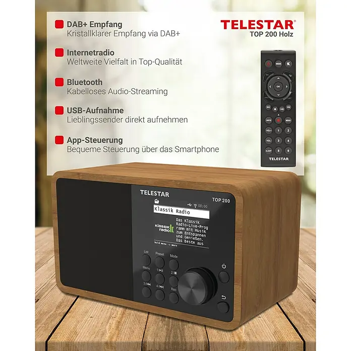 Telestar Internetradio Top 200 - L x B x H: 13 x 19,1 x 11,8 cm, Braun - Abbildung des Telestar TOP 200 Holzradios mit DAB+, Internetradio, Bluetooth, USB-Aufnahme und App-Steuerung auf einem Holztisch.