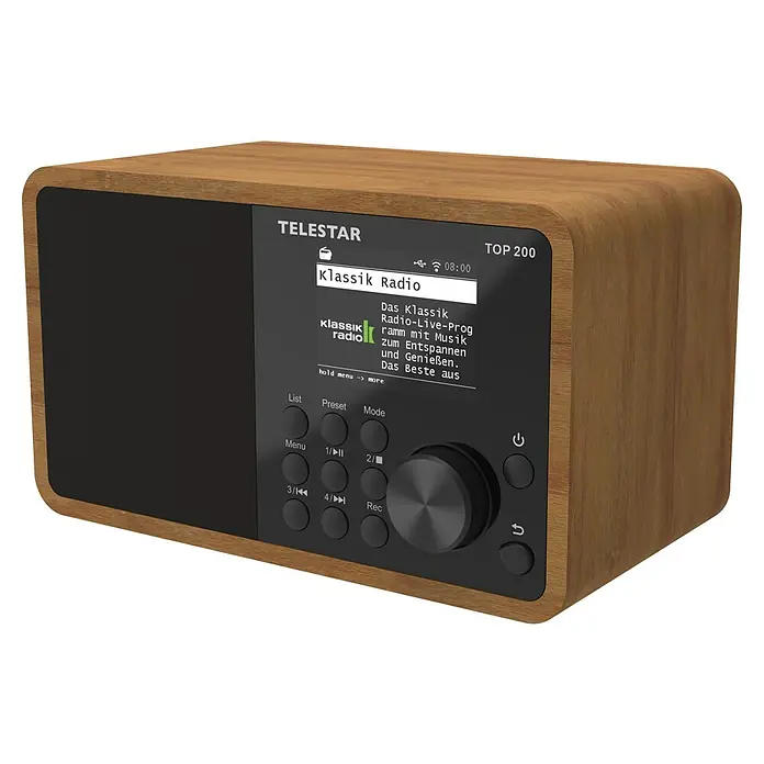 Telestar Internetradio Top 200 - L x B x H: 13 x 19,1 x 11,8 cm, Braun - Nahaufnahme eines modernen TELSTAR TOP 200 Radios mit Holzgehäuse und digitalem Display, das "Klassik Radio" anzeigt.