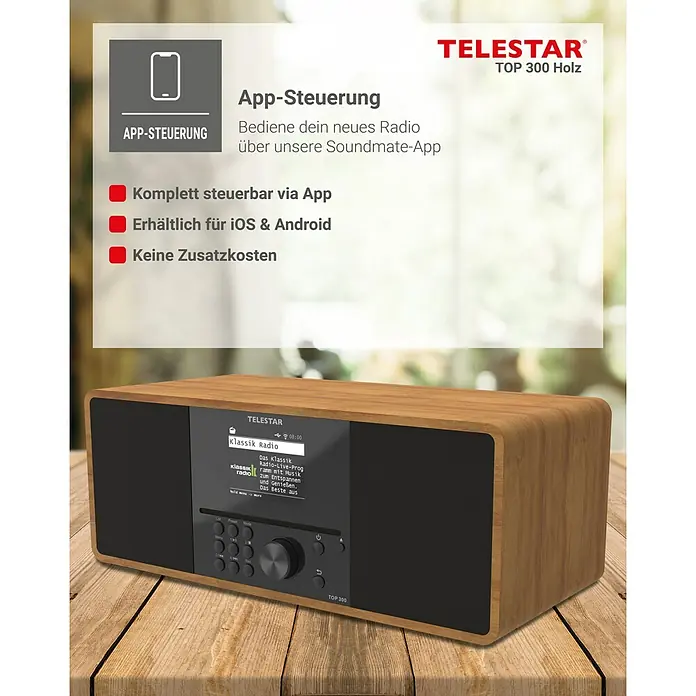 Telestar Internetradio Top 300 - L x B x H: 17,2 x 36 x 14,5 cm, Braun - Das TELESTAR TOP 300 Holz Radio ist ein elegantes Holzradio mit App-Steuerung, das Musikgenuss und moderne Technologie vereint.