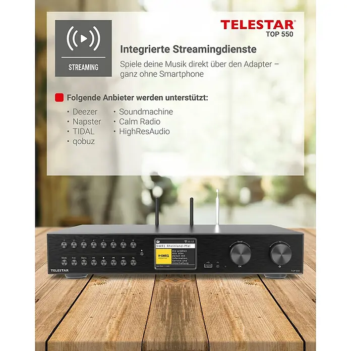 Telestar Internetradio TOP 550 - L x B x H: 28 x 43 x 8 cm, Schwarz - Das Bild zeigt den TELESTAR TOP 550, einen Adapter für integrierte Streamingdienste, mit dem Musik direkt ohne Smartphone abgespielt werden kann.