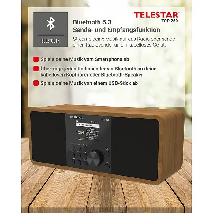 Telestar Internetradio Top 250 - L x B x H: 13 x 27,6 x 11,8 cm, Braun - Das Telestar Top 250 Radio mit Bluetooth 5.3 Funktion, um Musik vom Smartphone, USB-Stick oder Radiosender abzuspielen.