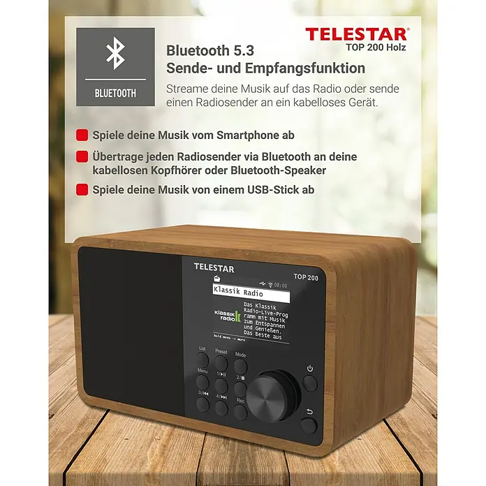 Telestar Internetradio Top 200 - L x B x H: 13 x 19,1 x 11,8 cm, Braun - Das Telestar Top 200 Holz Radio ist ein stilvolles Gerät mit Bluetooth 5.3, USB-Stick Wiedergabe und Smartphone-Kompatibilität für vielseitigen Musikgenuss.