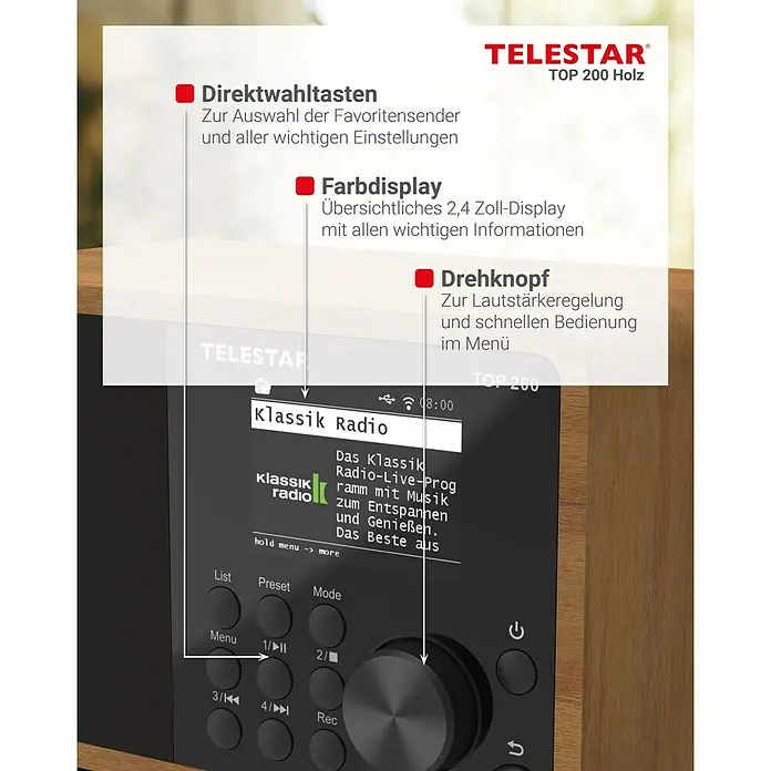 Telestar Internetradio Top 200 - L x B x H: 13 x 19,1 x 11,8 cm, Braun - Das Telestar TOP 200 Holz Radio bietet Direktwahltasten, Farbdisplay und Drehknopf für einfache Bedienung und vielseitige Nutzung.